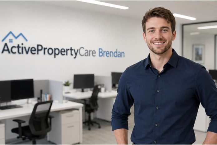 ActivePropertyCare Brendan standing in a modern office with company branding on the wall.