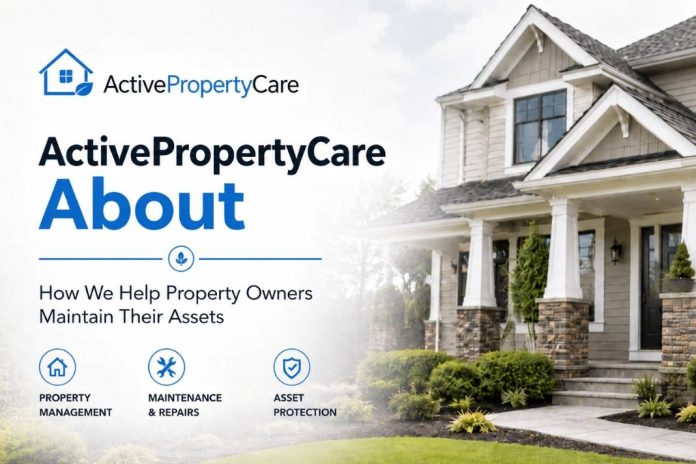 ActivePropertyCare.com About page banner showing a maintained home with property management, maintenance, and asset protection services.