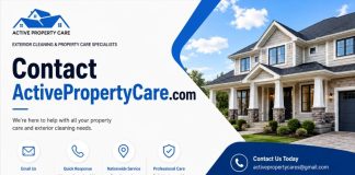 Contact ActivePropertyCare.com: Where Can You Get Help for Property Care Services? Contact ActivePropertyCare.com banner with a house image, email contact details, property care support icons, and exterior cleaning service highlights.
