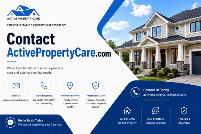 Contact ActivePropertyCare.com banner with a house image, email contact details, property care support icons, and exterior cleaning service highlights.