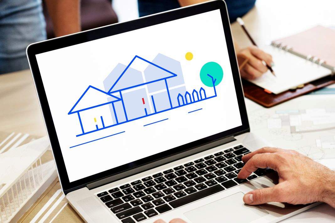 Laptop showing a house plan for Info ActivePropertyCare.com property care, maintenance planning, and home management guide.