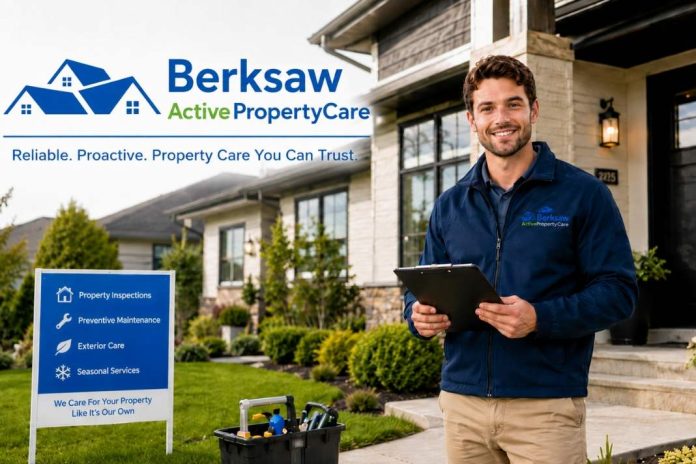 Berksaw Active PropertyCare banner showing a property care professional outside a maintained home with inspection and maintenance services.