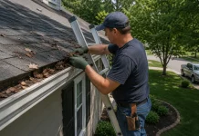 How to Clean Gutters Safely: Warning Signs, Frequency, and When to Hire Help Homeowner learning how to clean gutters safely while removing leaves from a residential gutter.