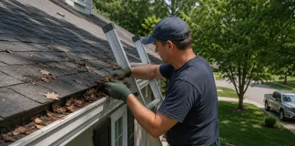 How to Clean Gutters Safely: Warning Signs, Frequency, and When to Hire Help Homeowner learning how to clean gutters safely while removing leaves from a residential gutter.