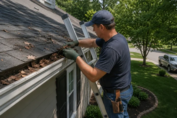 How to Clean Gutters Homeowner learning how to clean gutters safely while removing leaves from a residential gutter.