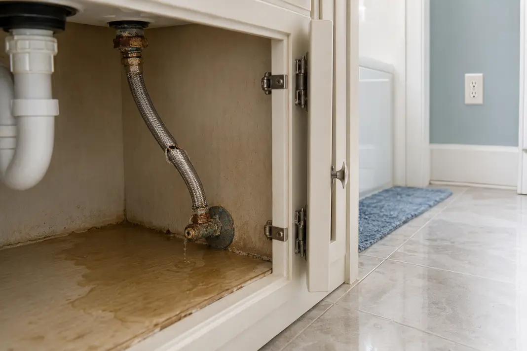 Burst sink hose spreading water toward a nearby electrical socket