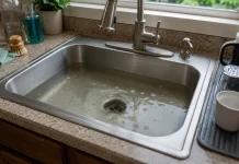 Clogged Drain: Causes, Safe First Checks, and When to Call a Plumber Clogged drain warning signs in a kitchen sink with standing water.