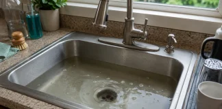Clogged Drain: Causes, Safe First Checks, and When to Call a Plumber Clogged drain warning signs in a kitchen sink with standing water.