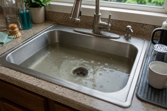 Clogged drain warning signs in a kitchen sink with standing water.