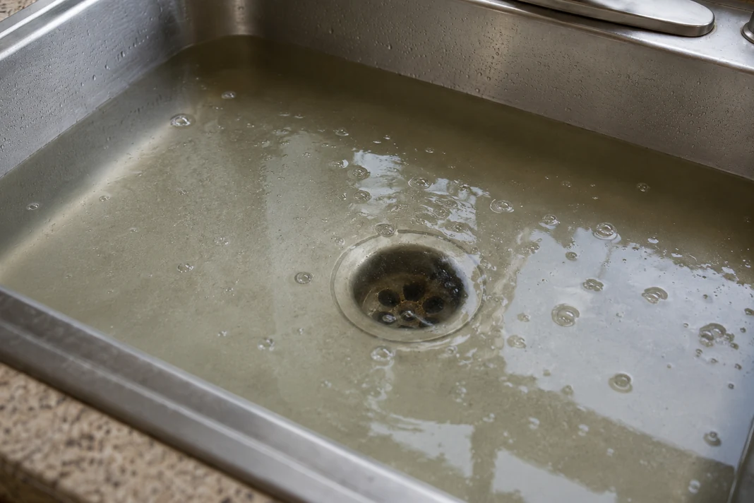 Sink holding water above a clogged drain with slow drainage warning signs