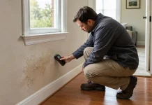 Damp and Moisture: Warning Signs, First Checks, and When to Act Property professional checking damp and moisture warning signs on an interior wall.