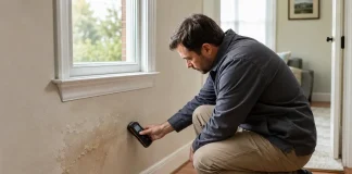 Damp and Moisture: Warning Signs, First Checks, and When to Act Property professional checking damp and moisture warning signs on an interior wall.