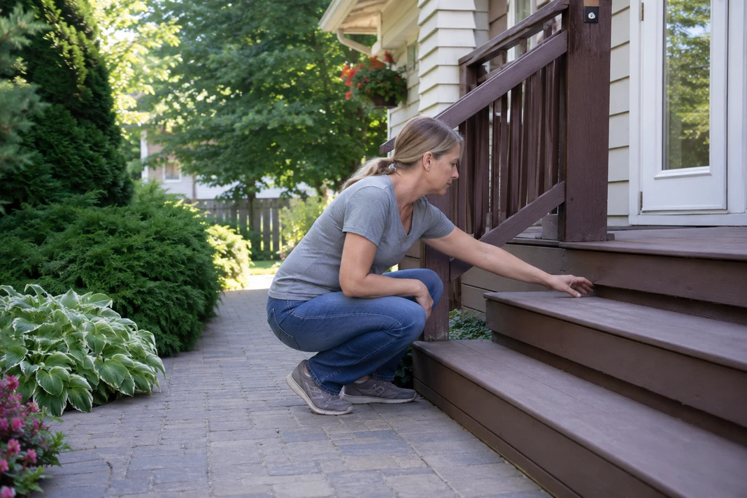 Homeowner checking deck steps, railing, path, and nearby yard vegetation for maintenance issues
