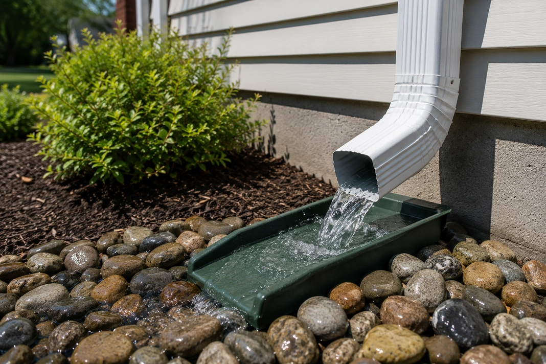 Water flowing from a cleaned downspout into a splash block during a gutter flow test