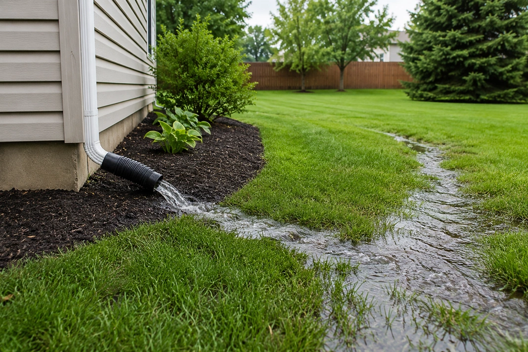 Rainwater flowing from a house downspout toward a low point in the lawn