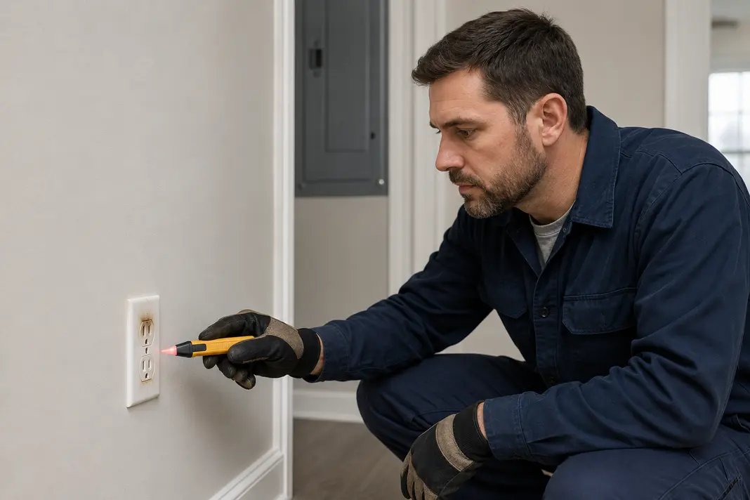 Electrician inspecting a heat-damaged outlet after the circuit was isolated