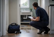 Emergency Home Repair Guide: Warning Signs, Urgency, and the Right Next Step Property-care professional assessing a home water leak from a dry and safe position.