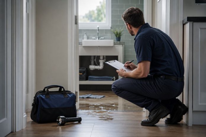 Property-care professional assessing a home water leak from a dry and safe position.