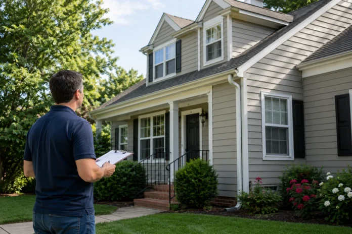 Exterior home maintenance checklist covering the roof, gutters, walls, drainage, and yard.