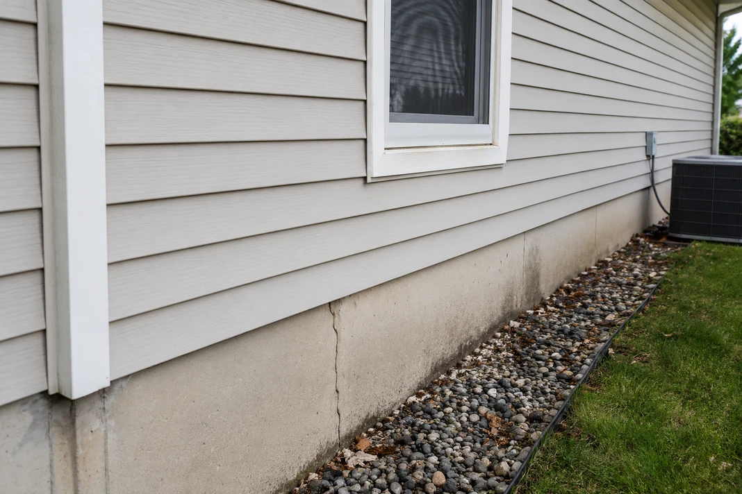 Exterior wall, window trim, and foundation edge being checked for maintenance warning signs