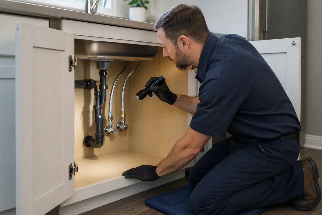 Property-care worker checking flexible hoses and water shutoffs for damage