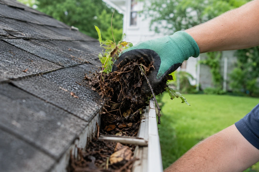 Leaves and compacted debris blocking a gutter outlet above the downspout