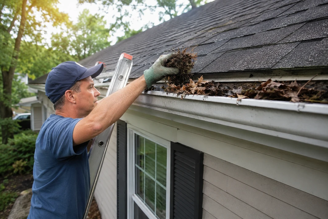Overflowing clogged gutter being inspected for leaves and drainage problems