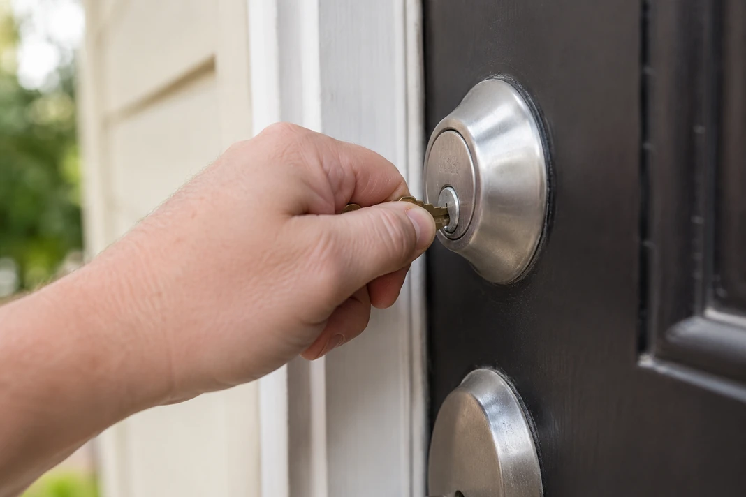 Key not turning in a stiff exterior door lock during a safe first check