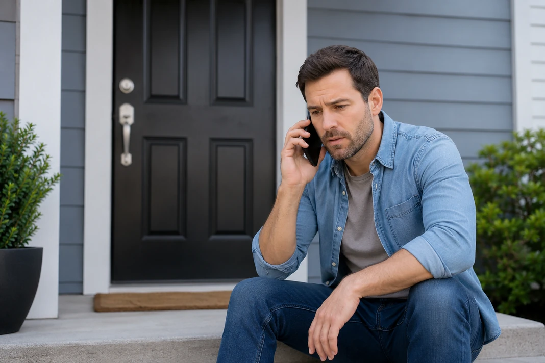 Homeowner locked out of house calling a verified locksmith from the front steps