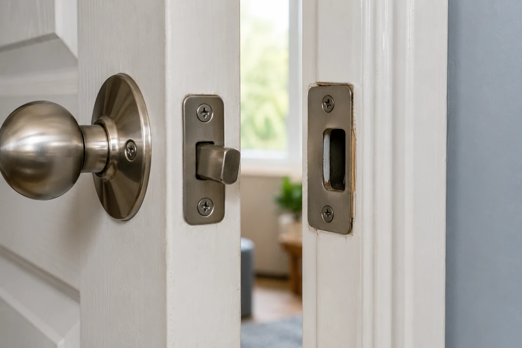 Misaligned door latch and strike plate preventing the door from closing correctly