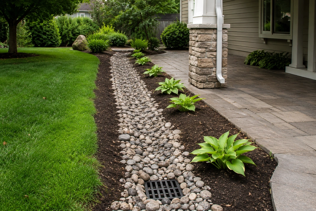 Rock-lined drainage channel beside a house directing yard water toward a surface drain