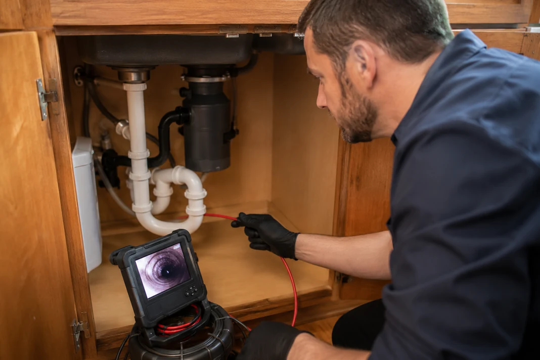 Licensed plumber inspecting a drain line before professional drain cleaning