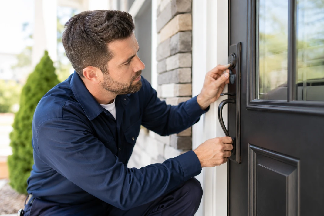 Professional locksmith inspecting an exterior door lock and handle before repair