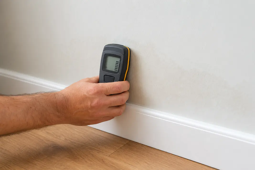 Professional using a moisture meter to check an interior wall safely