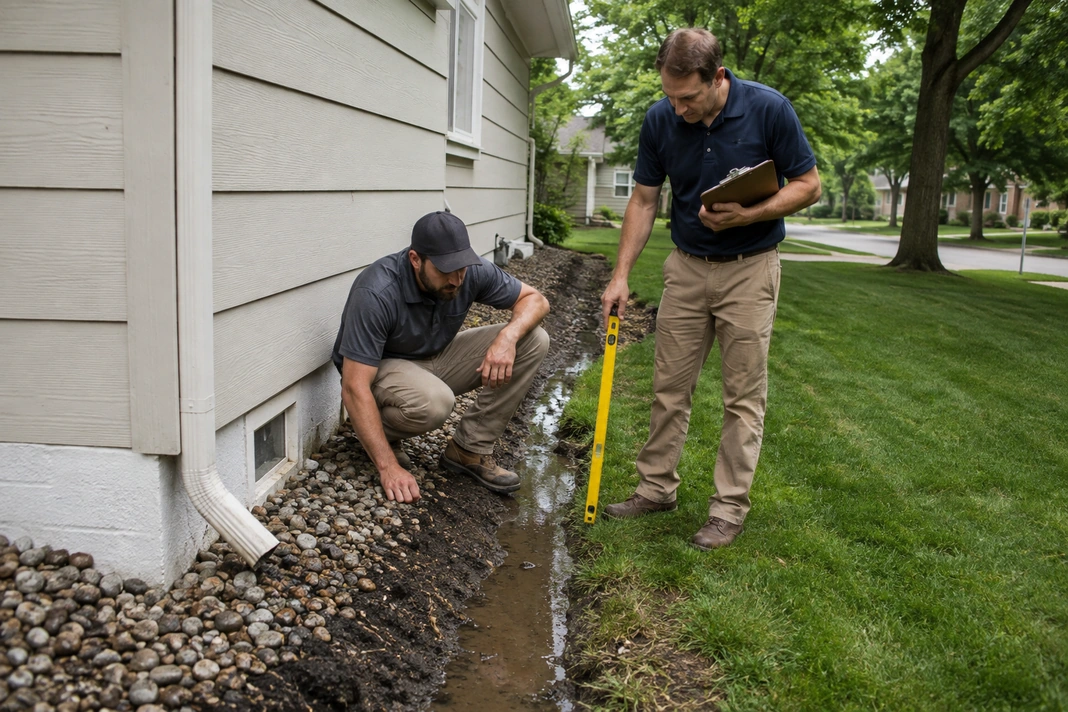 Property drainage professionals inspecting water flow and ground slope beside a house foundation