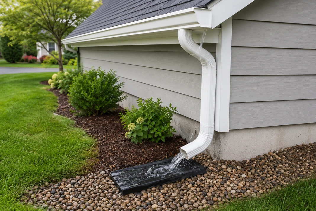 Rainwater flowing from a roof gutter and downspout toward ground drainage