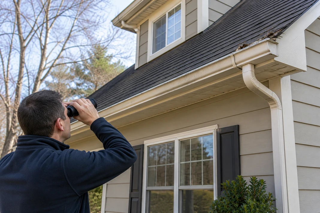 Homeowner performing an exterior home maintenance inspection of the roofline and gutters from ground level