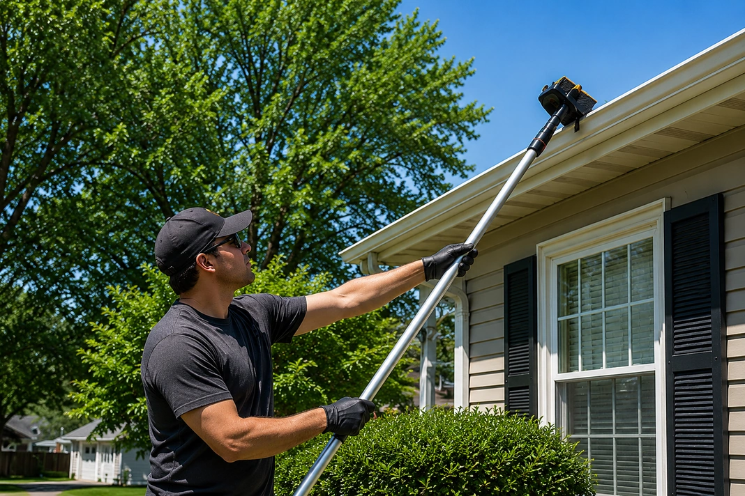 Homeowner using a telescopic gutter-cleaning tool safely from ground level