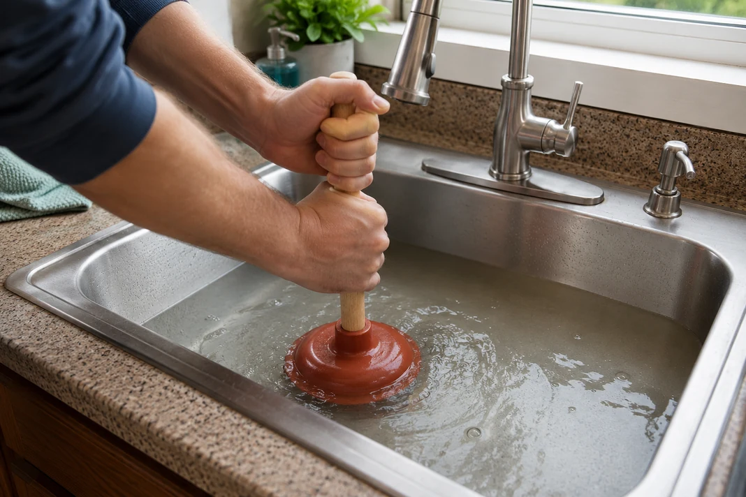 Person using a sink plunger as a safe first check for a clogged drain