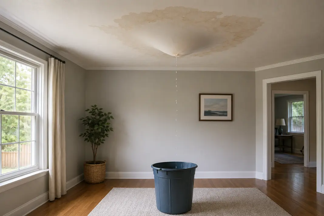 Sagging water-damaged ceiling below a roof leak with the affected area kept clear