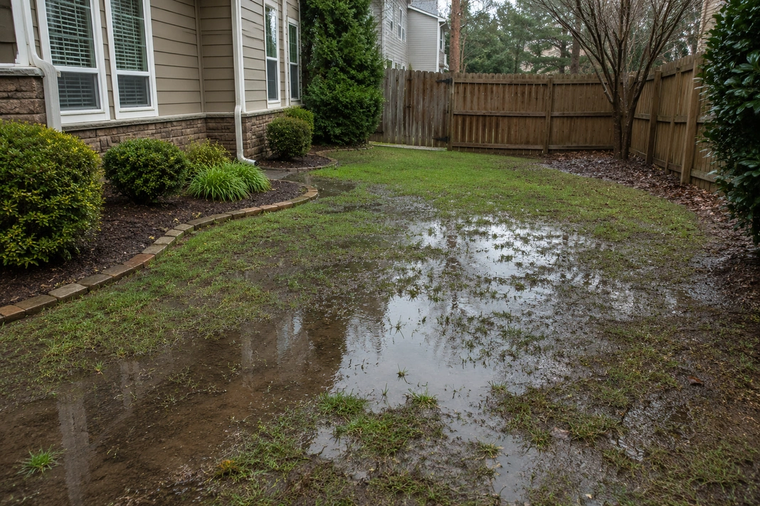 Standing water covering a muddy residential lawn with poor yard drainage