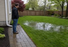 Yard Drainage Problems: Causes, Water-Flow Checks, and Practical Solutions Homeowner inspecting standing water in a residential backyard after heavy rain.