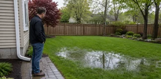 Yard Drainage Problems: Causes, Water-Flow Checks, and Practical Solutions Homeowner inspecting standing water in a residential backyard after heavy rain.