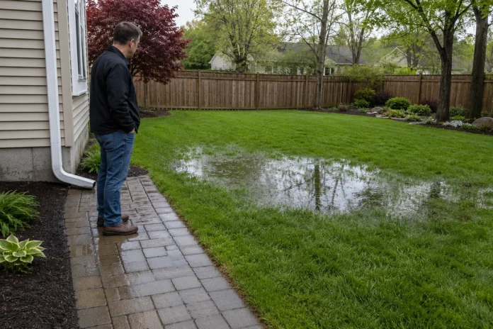 Homeowner inspecting standing water in a residential backyard after heavy rain.