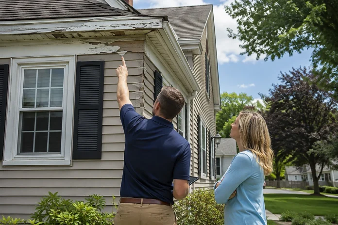 Home inspector and homeowner reviewing deferred maintenance and property value risks on a house exterior.