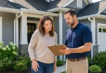 Home Maintenance Checklist: Monthly, Seasonal, and Annual Tasks Homeowner and property-care professional reviewing a home maintenance checklist outside a well-maintained house.