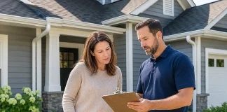 Home Maintenance Checklist: Monthly, Seasonal, and Annual Tasks Homeowner and property-care professional reviewing a home maintenance checklist outside a well-maintained house.