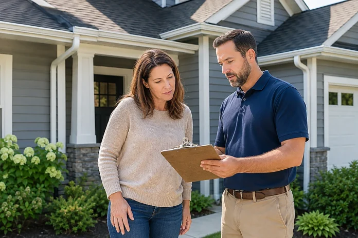 Homeowner and property-care professional reviewing a home maintenance checklist outside a well-maintained house.