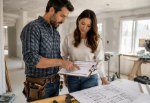 Home Renovation Timeline: Stages, Work Order, and Common Scheduling Delays Homeowner and contractor reviewing a home renovation timeline in an unfinished room.