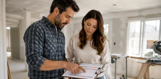 Home Renovation Timeline: Stages, Work Order, and Common Scheduling Delays Homeowner and contractor reviewing a home renovation timeline in an unfinished room.